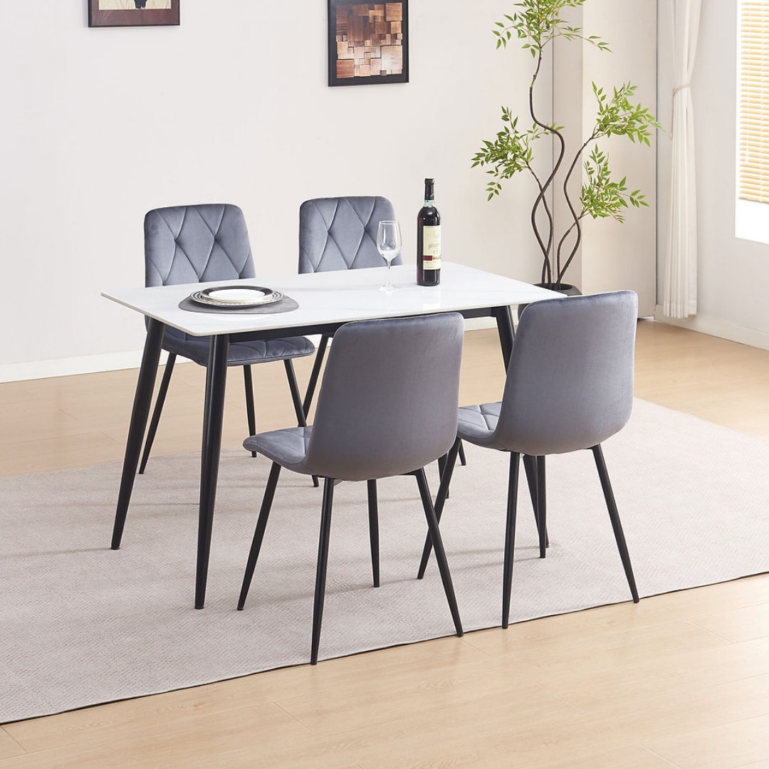 Siena – Dining Set – White Marble Look / Dark Grey Velvet