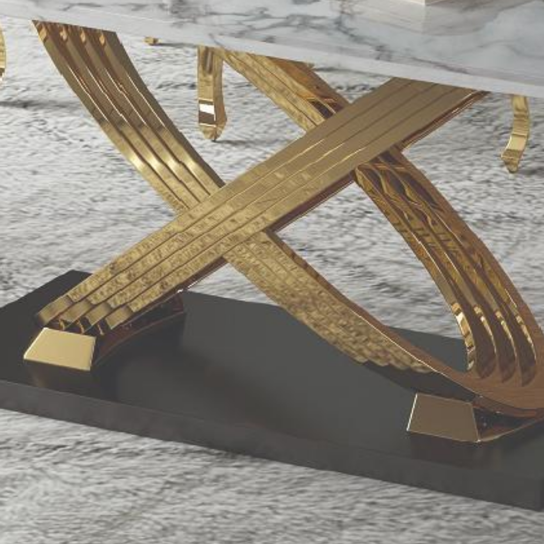Zarion – Table à manger – Aspect marbre / Piètement en X doré