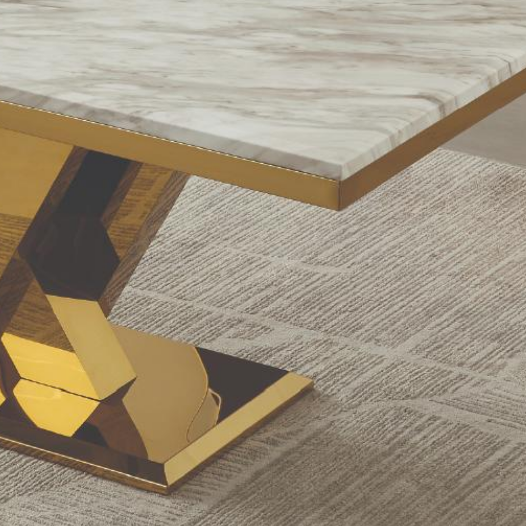 Leya – Table à manger – Effet marbre / Pied doré