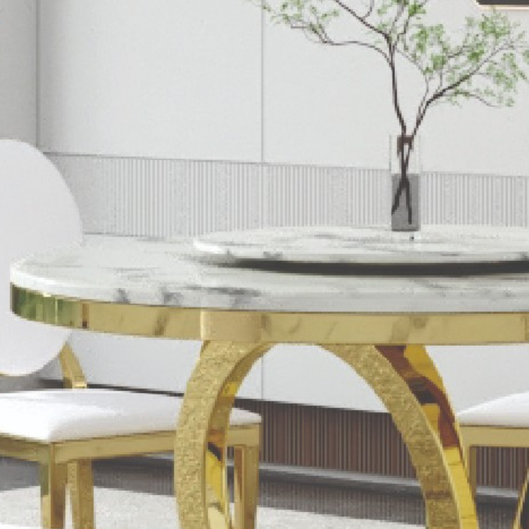 Valenza – Table de salle à manger – Piètement en marbre et or avec plateau tournant