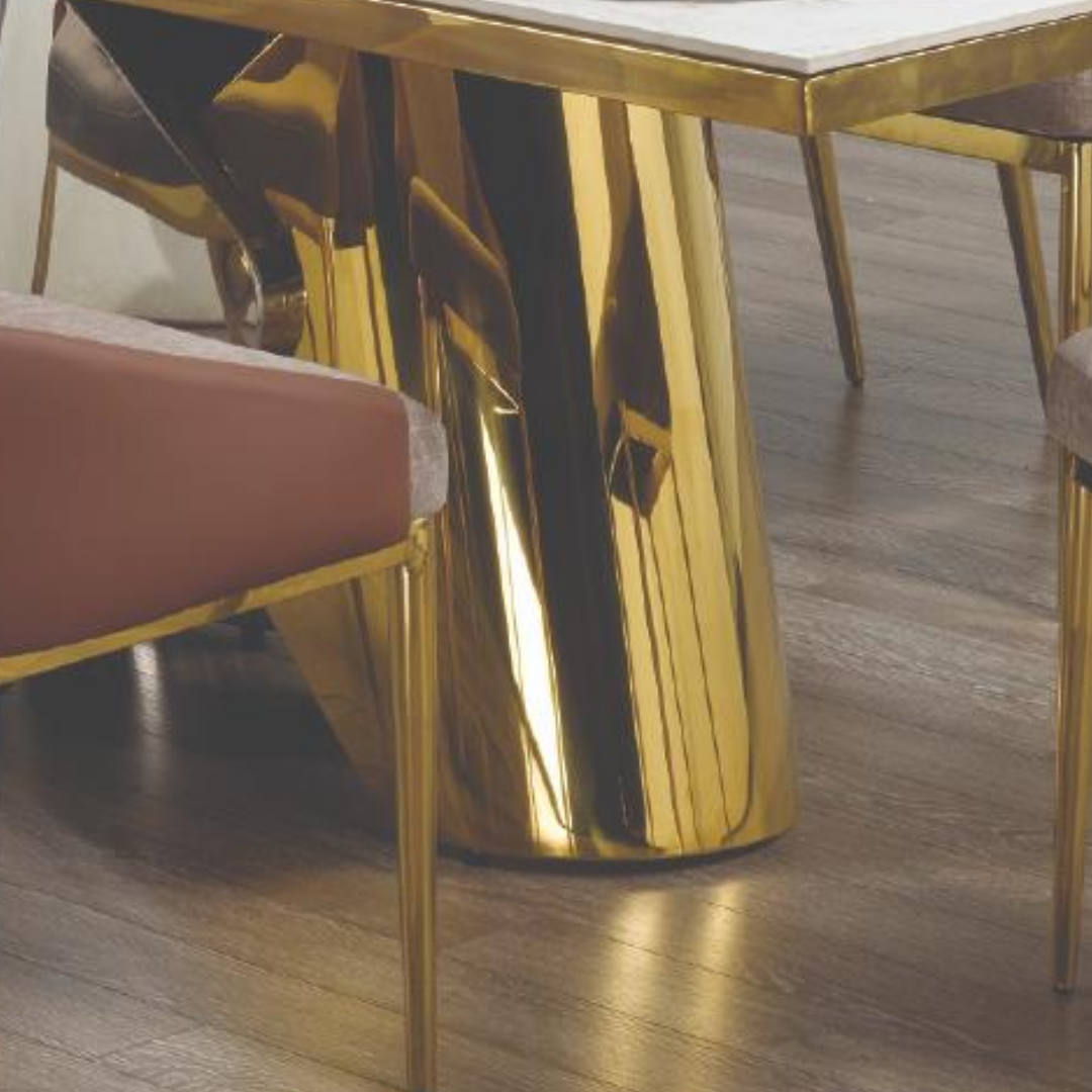 Aurex – Table de salle à manger – Aspect marbre céramique / Piètement chromé et doré