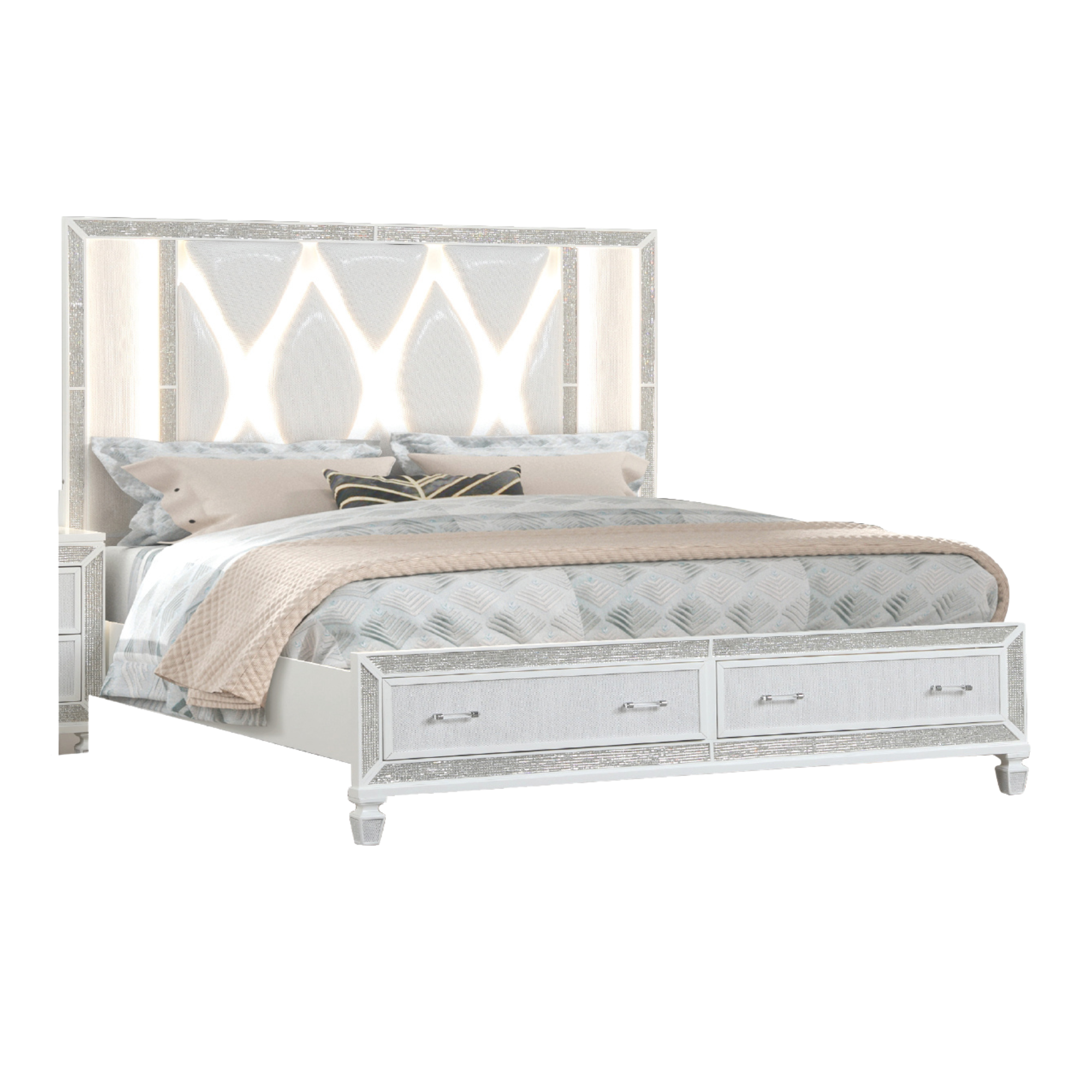 Polena – Lit queen blanc brillant lift-up LED laqué