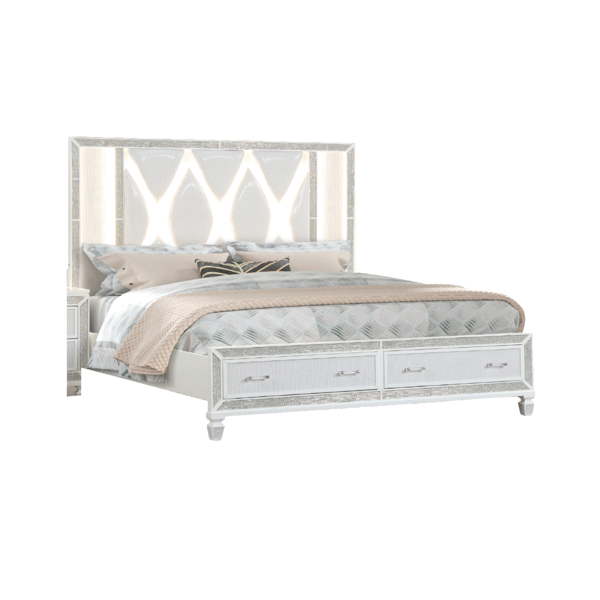 Radova – Lit queen avec rangement blanc cristal similicuir