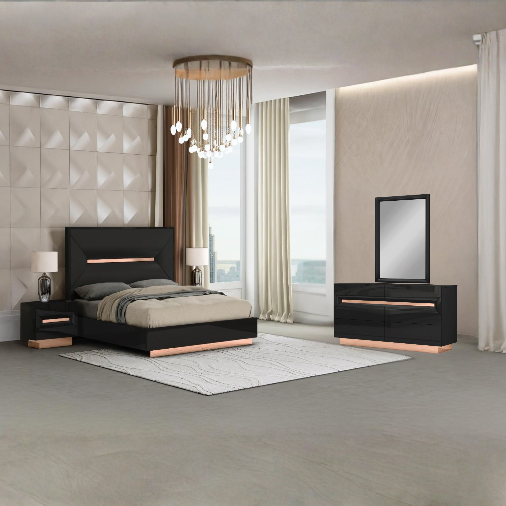 Zaneva – Ensemble de chambre king noir laqué rose gold