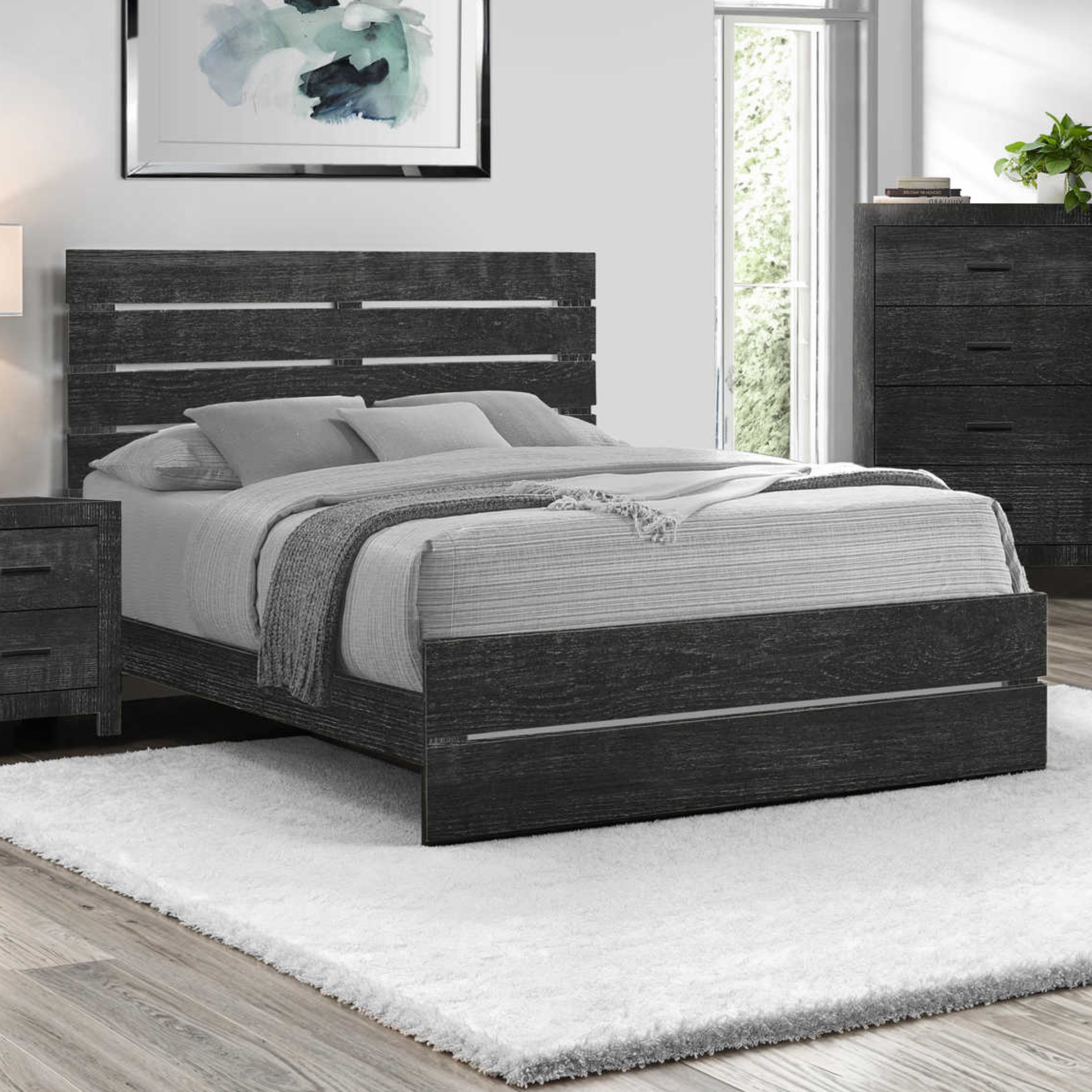 Bardelo – Graphite grey queen bed with wooden slats