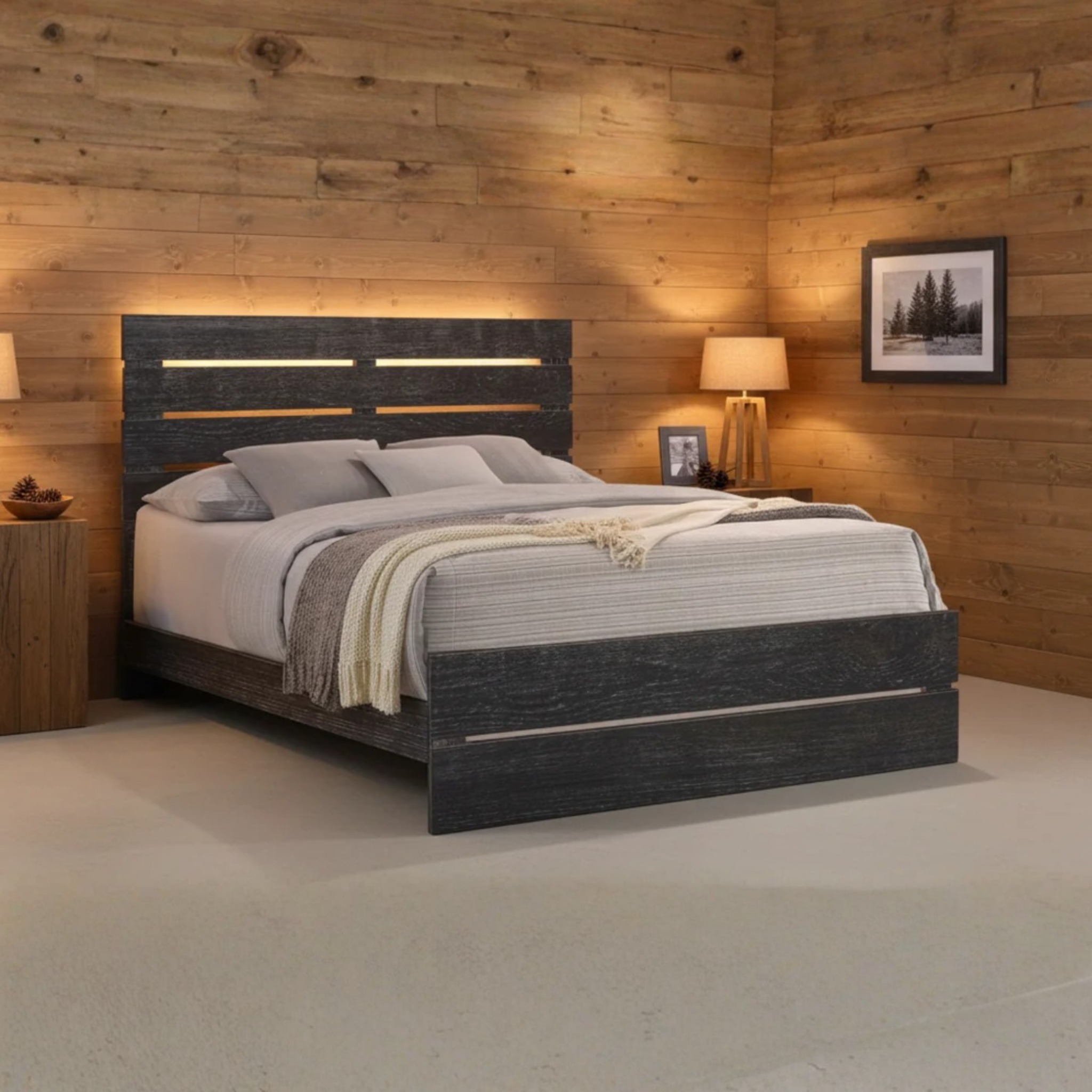 Bardelo – Graphite grey queen bed with wooden slats