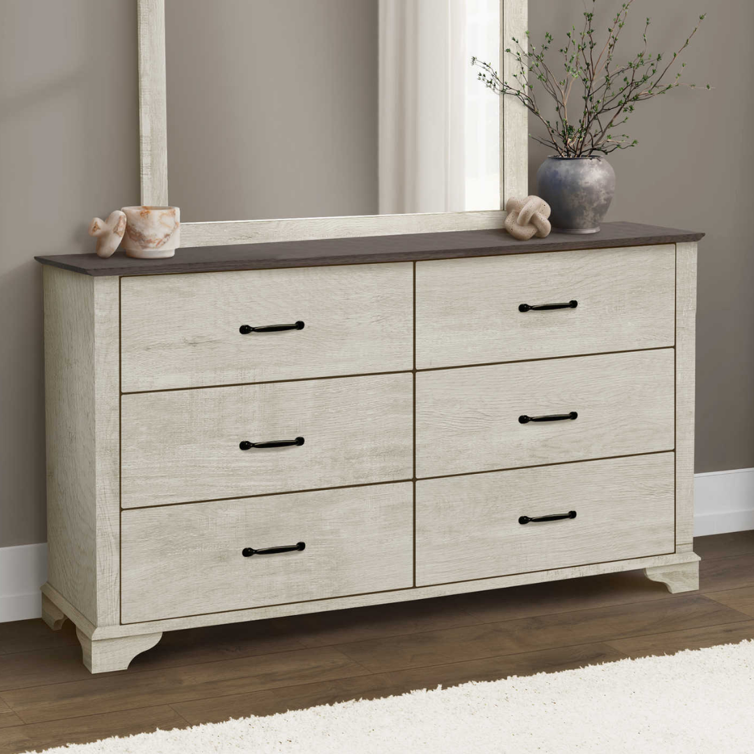 Commode Stonevale à 6 tiroirs avec miroir – Plateau en chêne blanchi et chêne foncé