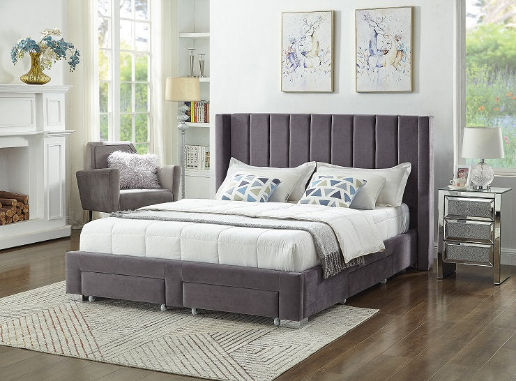 Queen Bed - Grey Velvet Fabric Wing Bed 5310