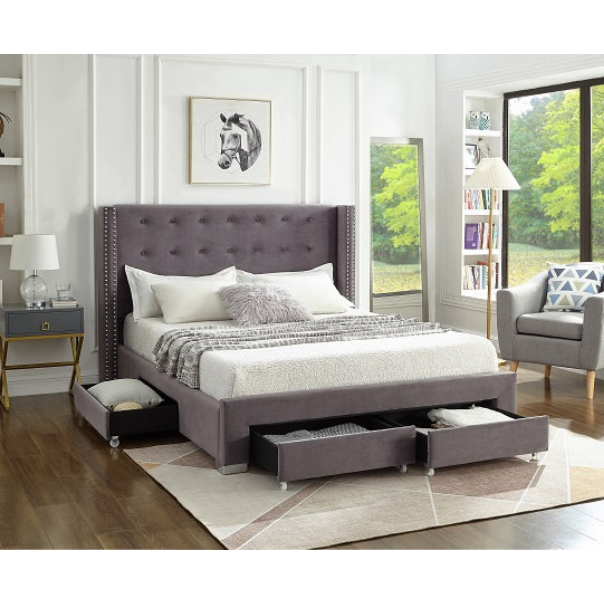King Bed - Grey Velvet Fabric Wing Bed with Nailhead 5320