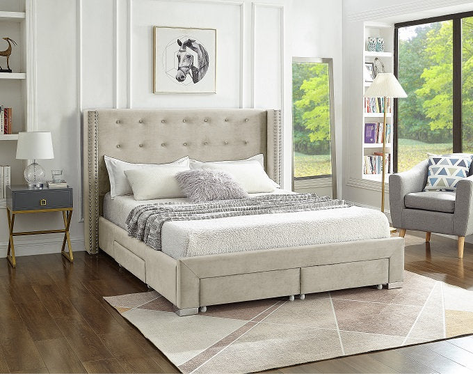 Creme Velvet Fabric Wing Bed with Nailhead 5322