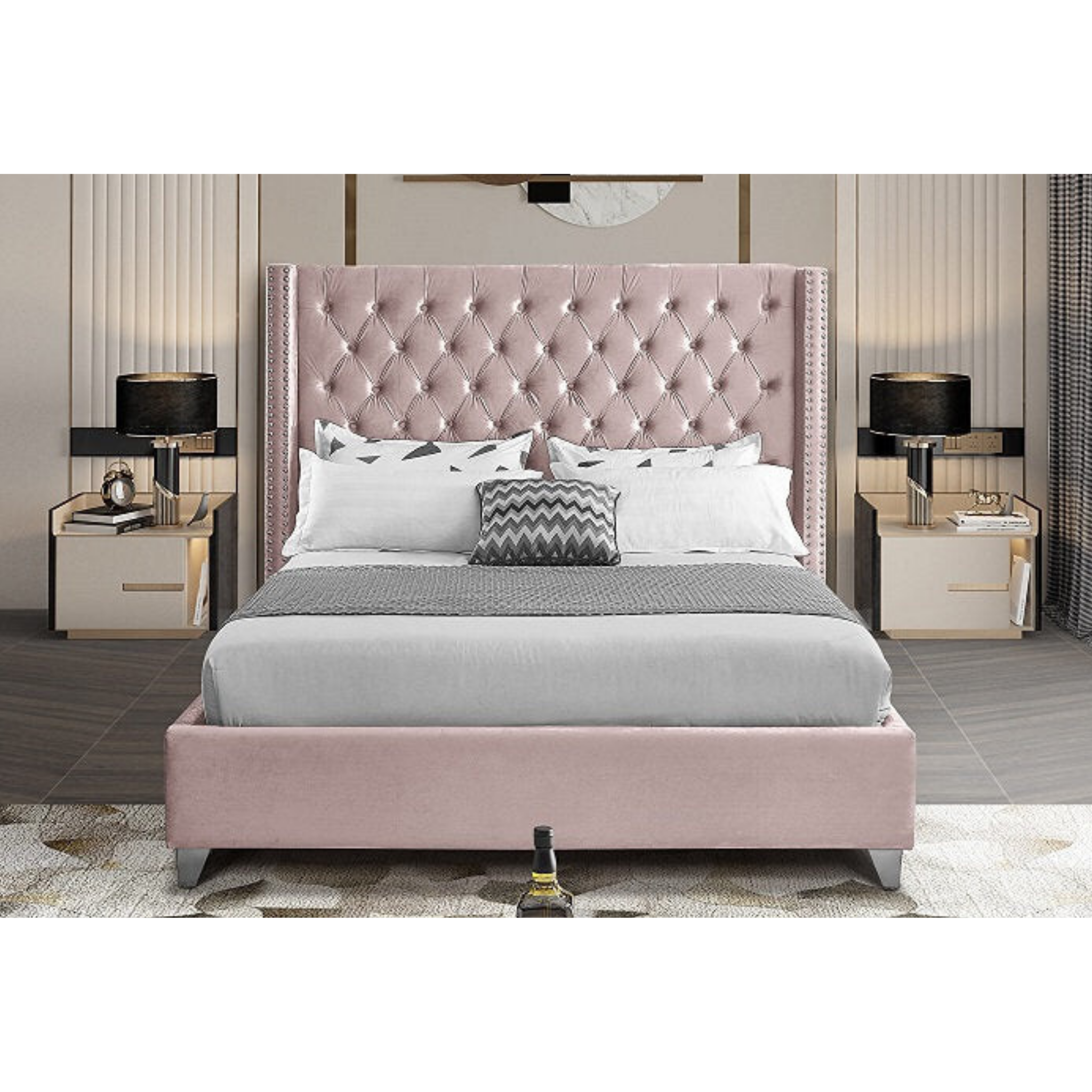 King Bed - Pink Velvet Fabric With Nailhead Details 5895