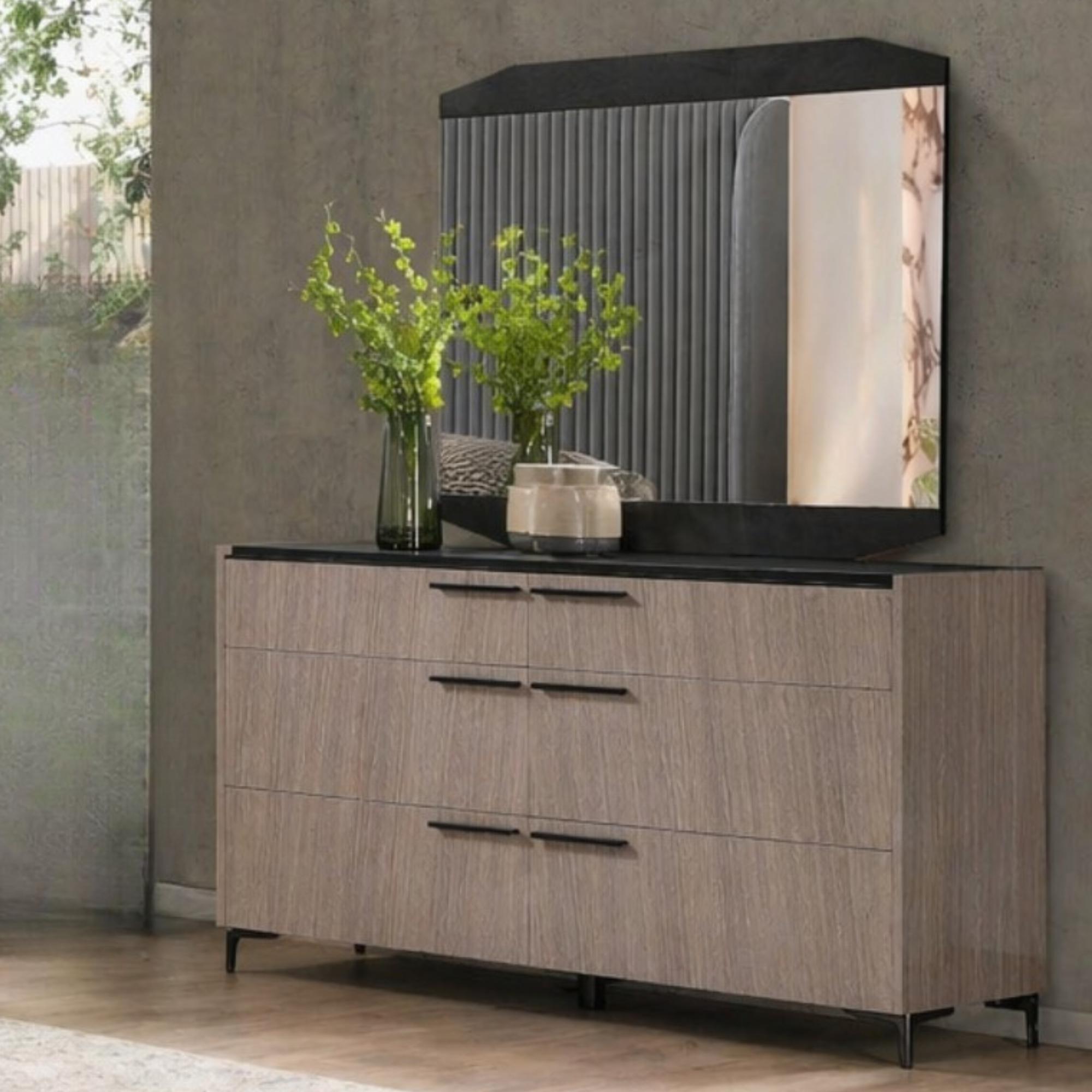 Striavo – King Natural Wood Grey Velvet Bedroom Set