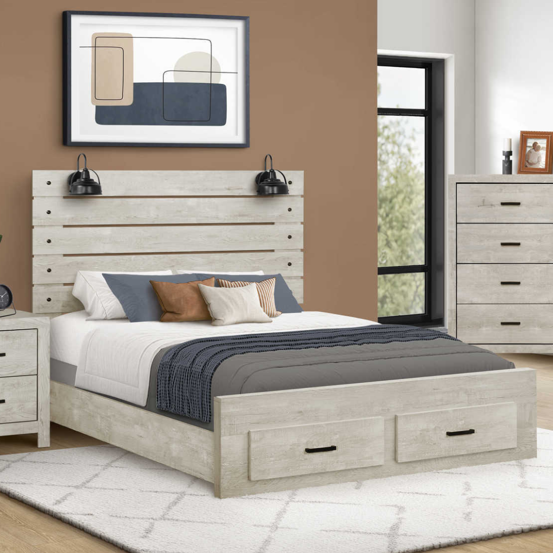Clarano – Queen Bed with Storage Whitewashed Oak USB Black Metal