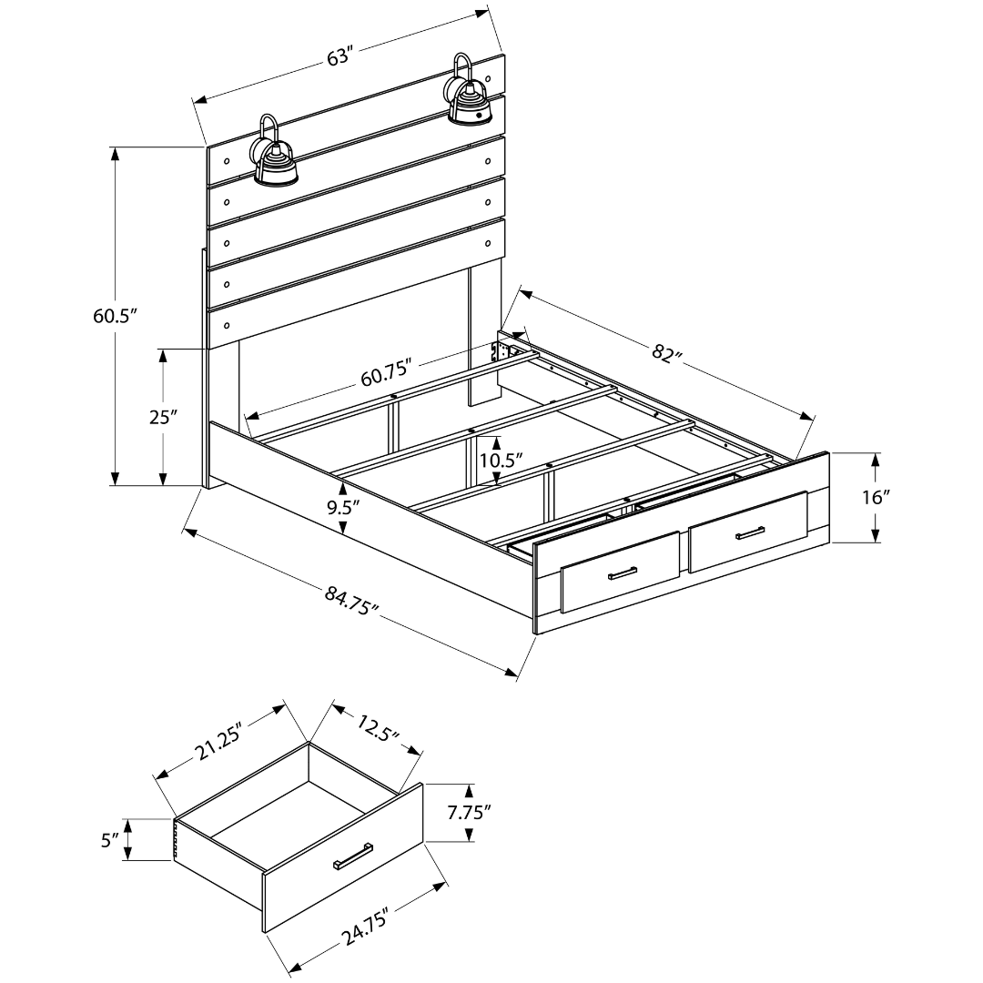 Clarano – Queen Bed with Storage Whitewashed Oak USB Black Metal