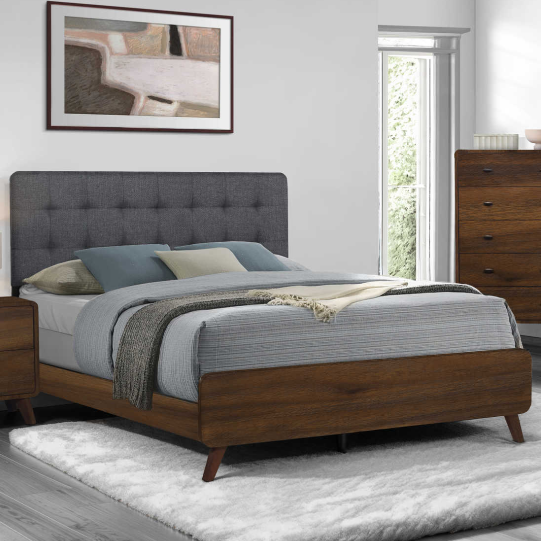 Halvano – Lit queen gris capitonné en tissu pieds noyer
