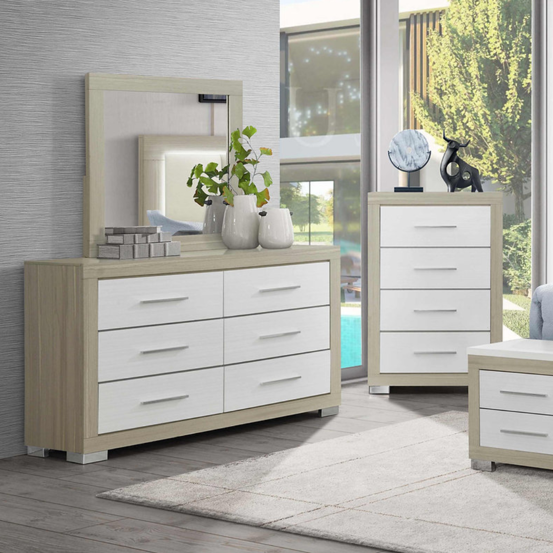 Linera – Commode avec miroir bois naturel et blanc 6 tiroirs