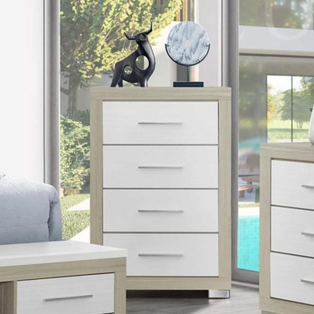 Linera – Commode haute bois naturel et blanc 4 tiroirs bois