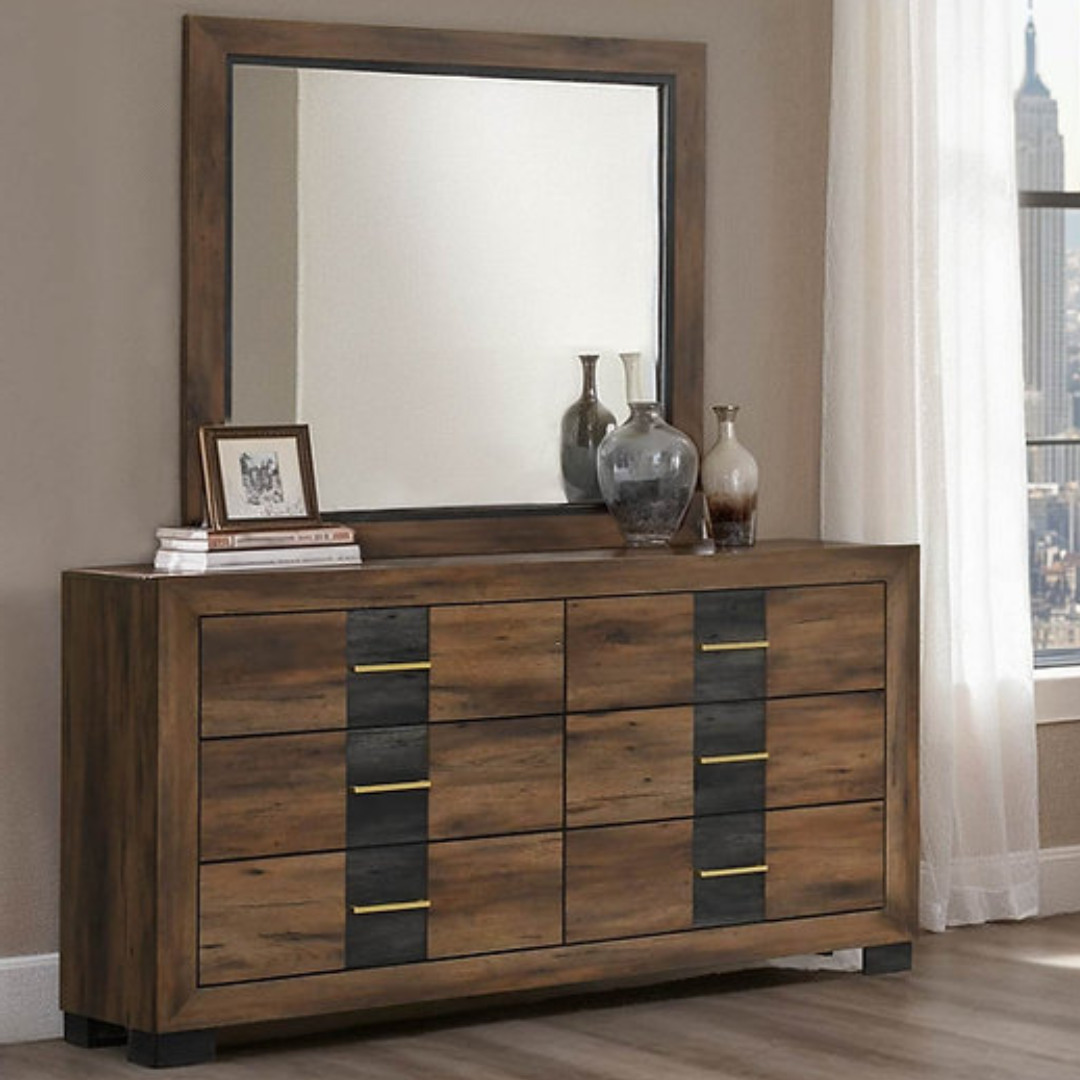 Morena – Commode avec miroir brun noyer 6 tiroirs