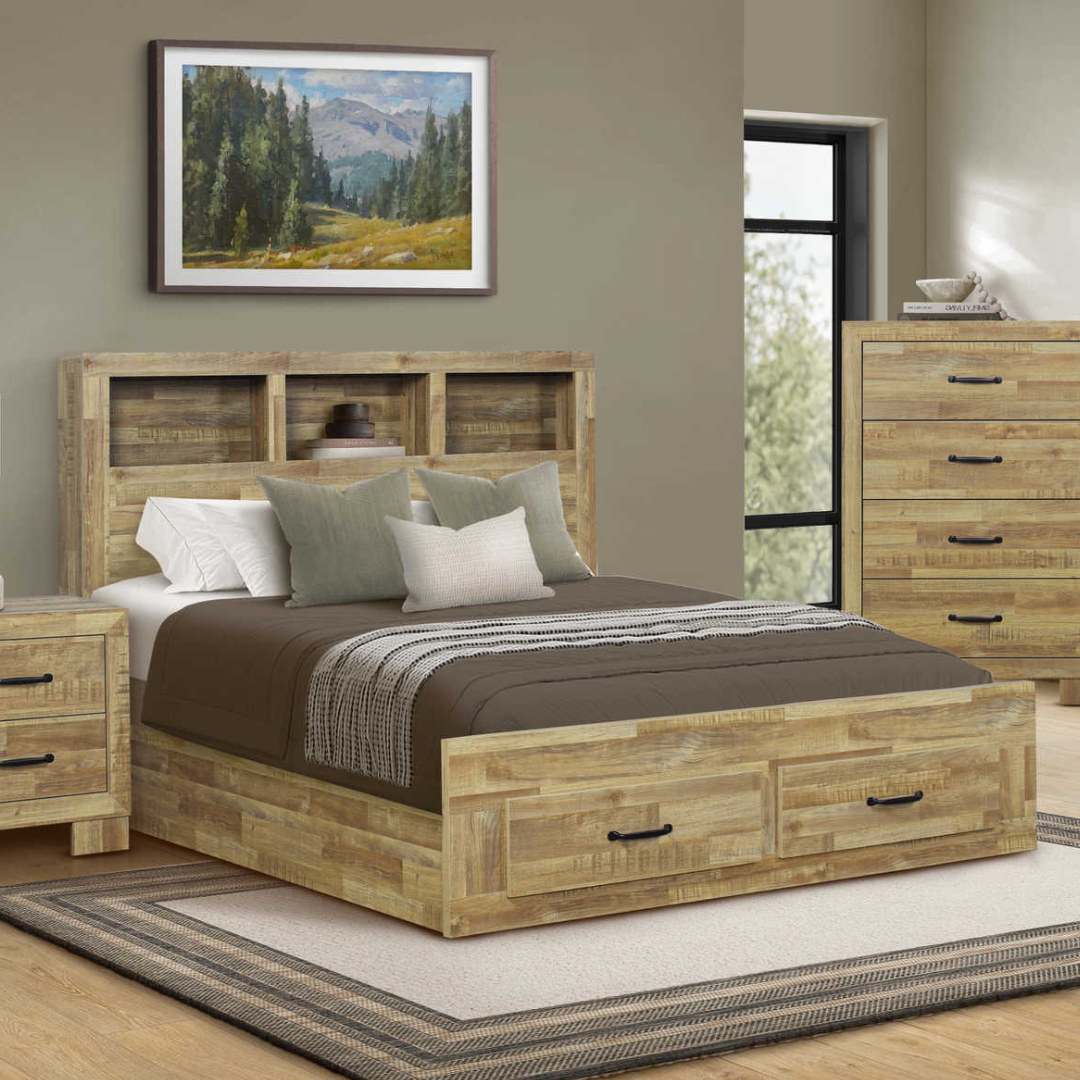 Casselo – Queen Bed with Medium Oak Laminate Storage