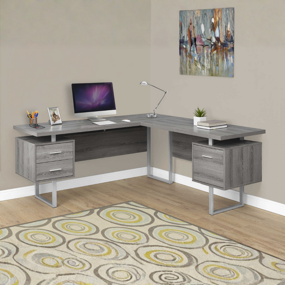 Arcavista – L-Shape Desk – Dark Taupe / Silver Metal