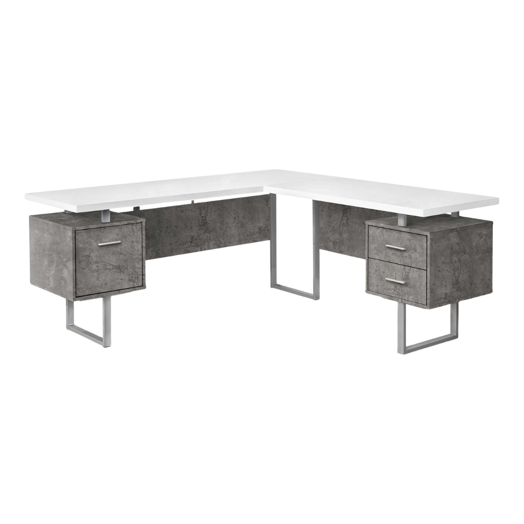 Arcavista – L-Shape Desk – White / Concrete / Silver Metal