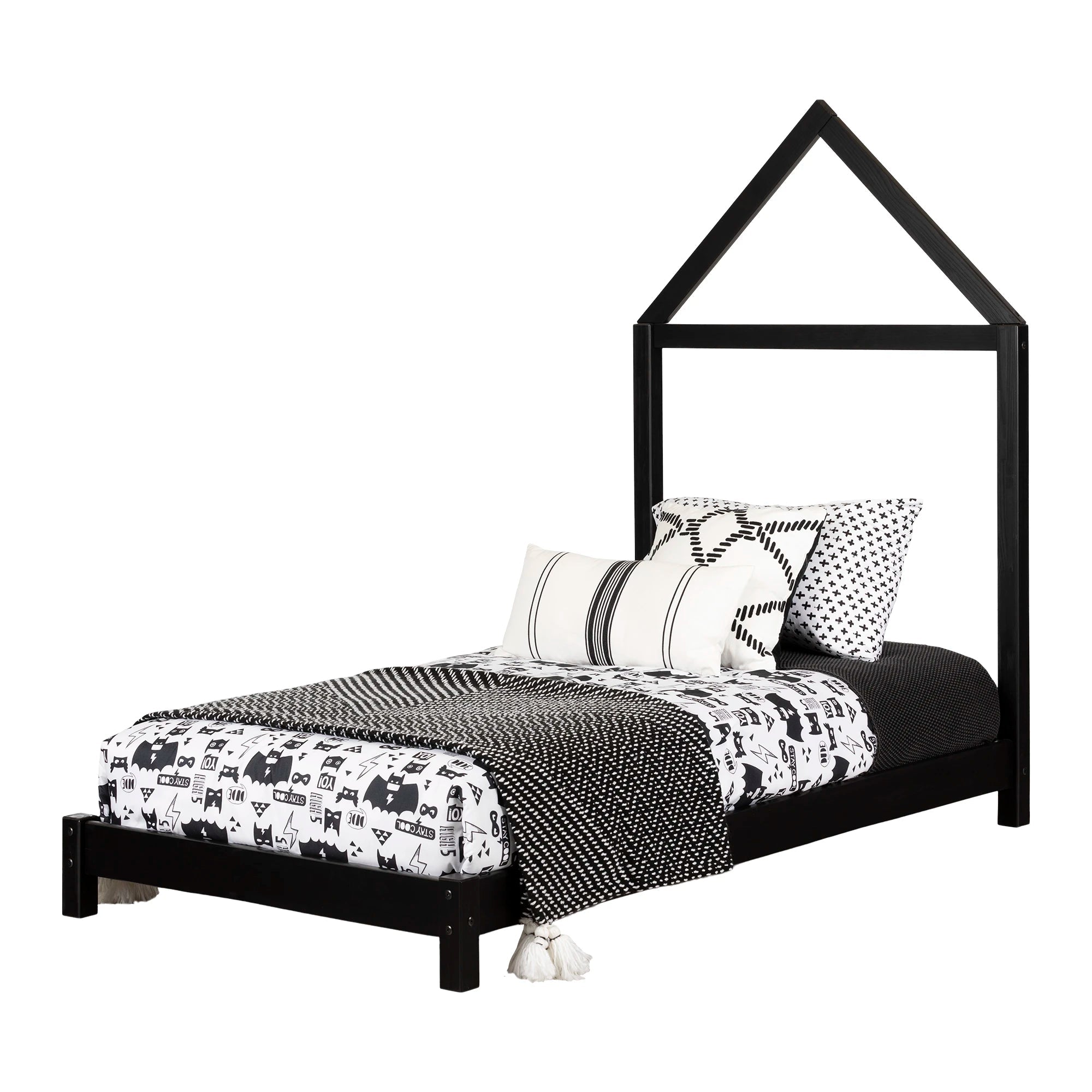 Solid Wood Bed with House Frame Headboard - Sweedi