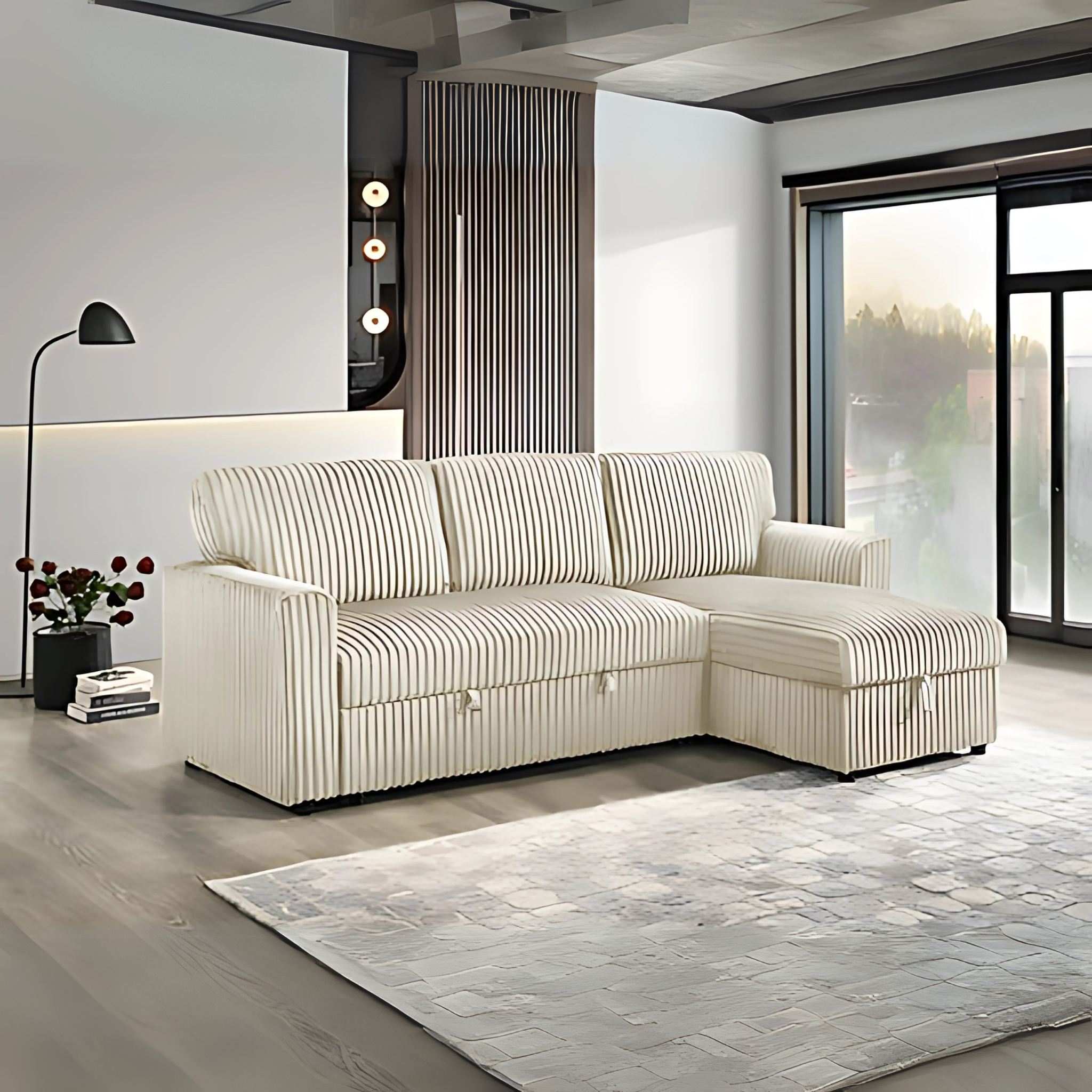 IF-9026 | Cream Stripe Sectional Sofa Bed Storage