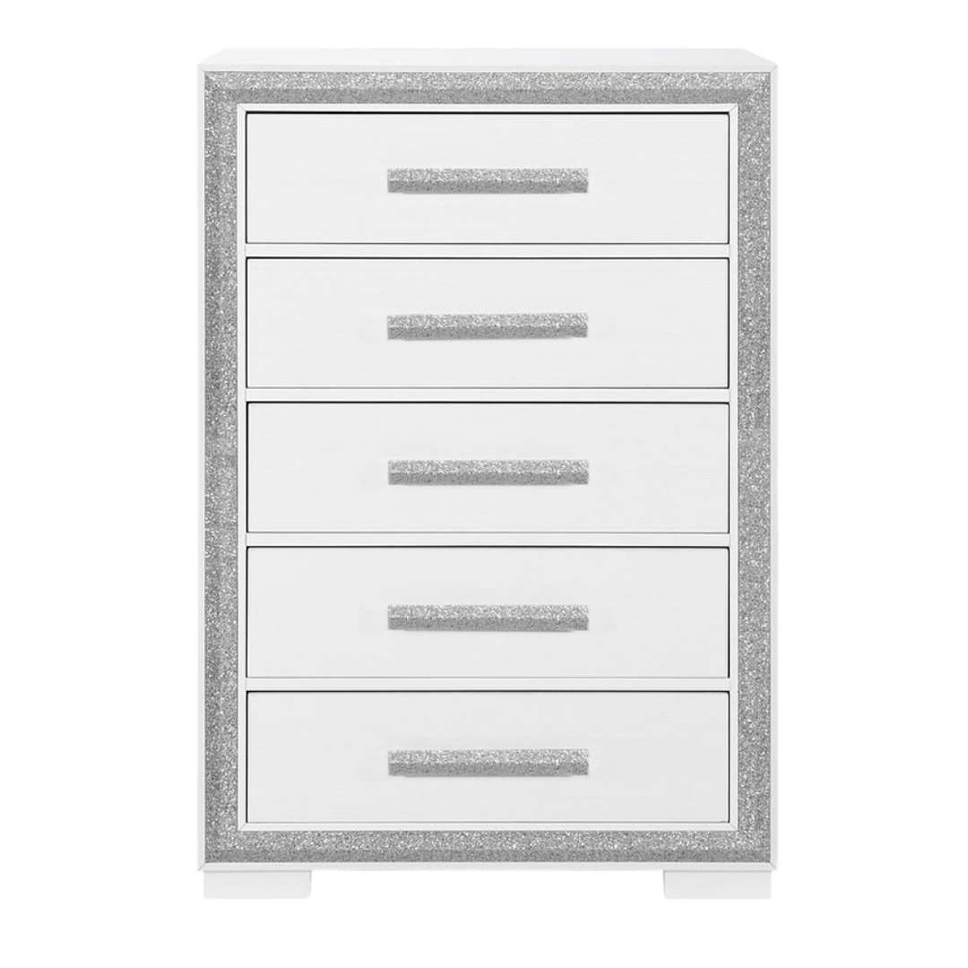 Commode Aurelia à 5 tiroirs – Blanc brillant avec finitions argentées