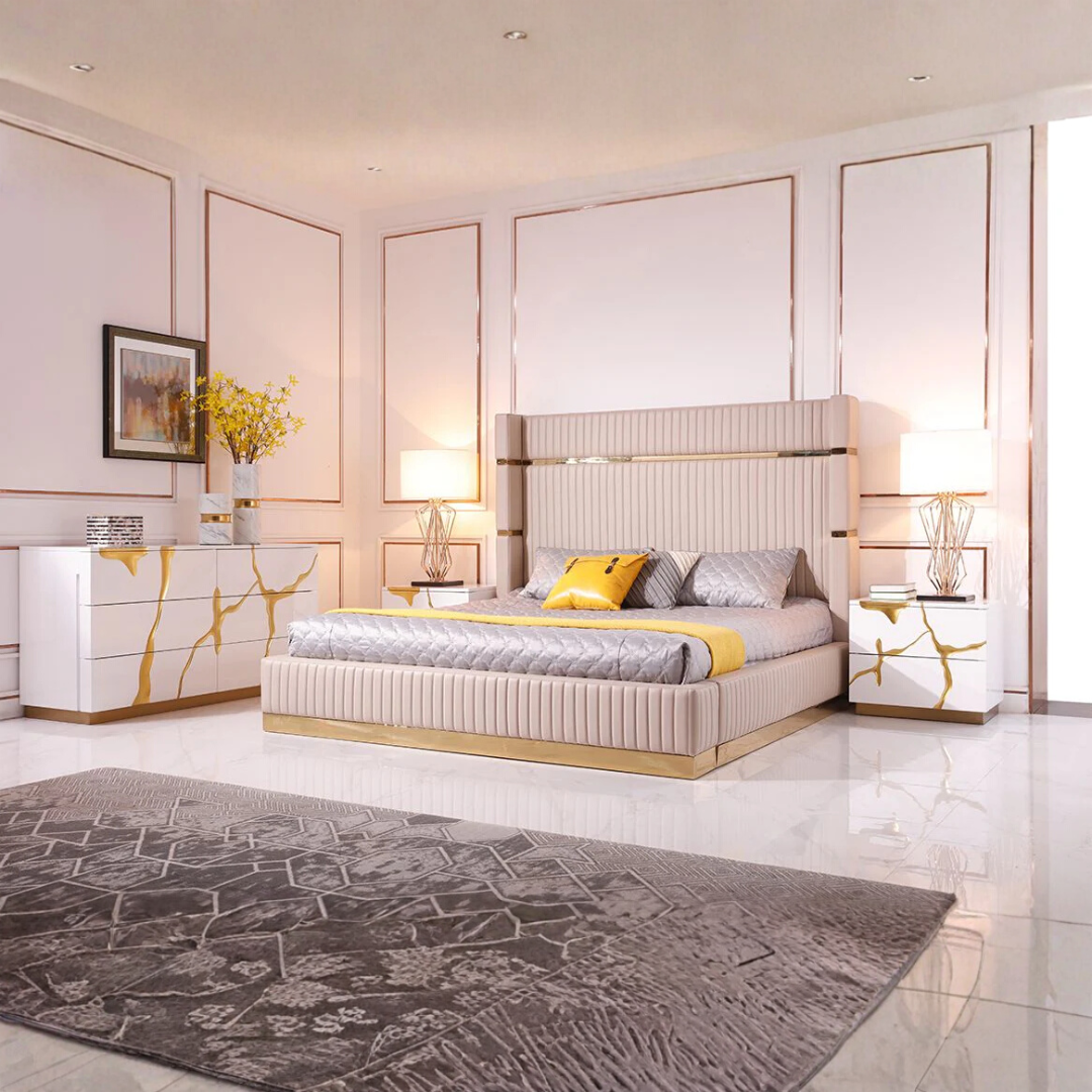 Lumerio – Queen Velvet Bed – Beige