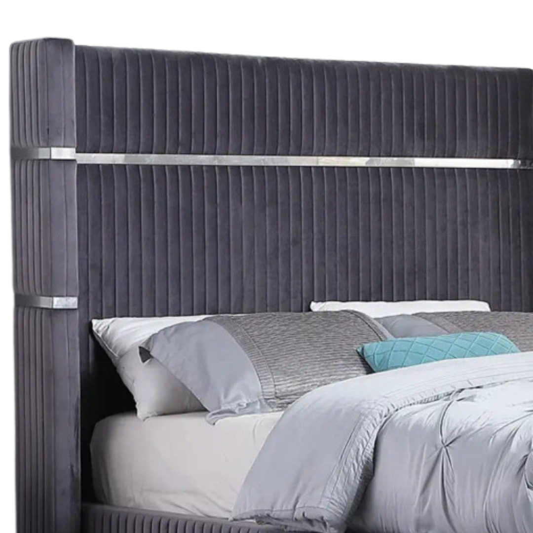 Lumerio – Queen Velvet Bed – Grey