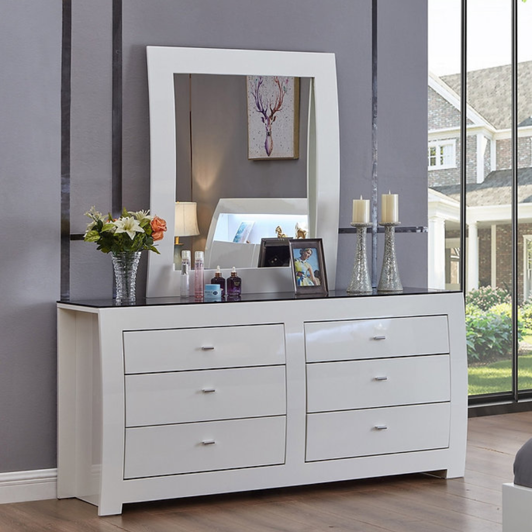 Commode Metropole à 6 tiroirs avec miroir – Blanc alpin brillant