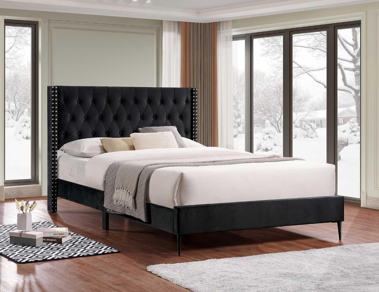 Black Velvet Fabric Platform Bed 5593