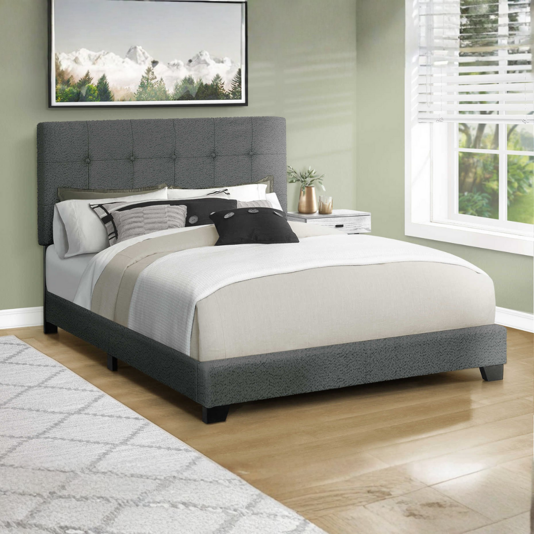 Bourel – Queen Bed – Boucle (Dark Grey)