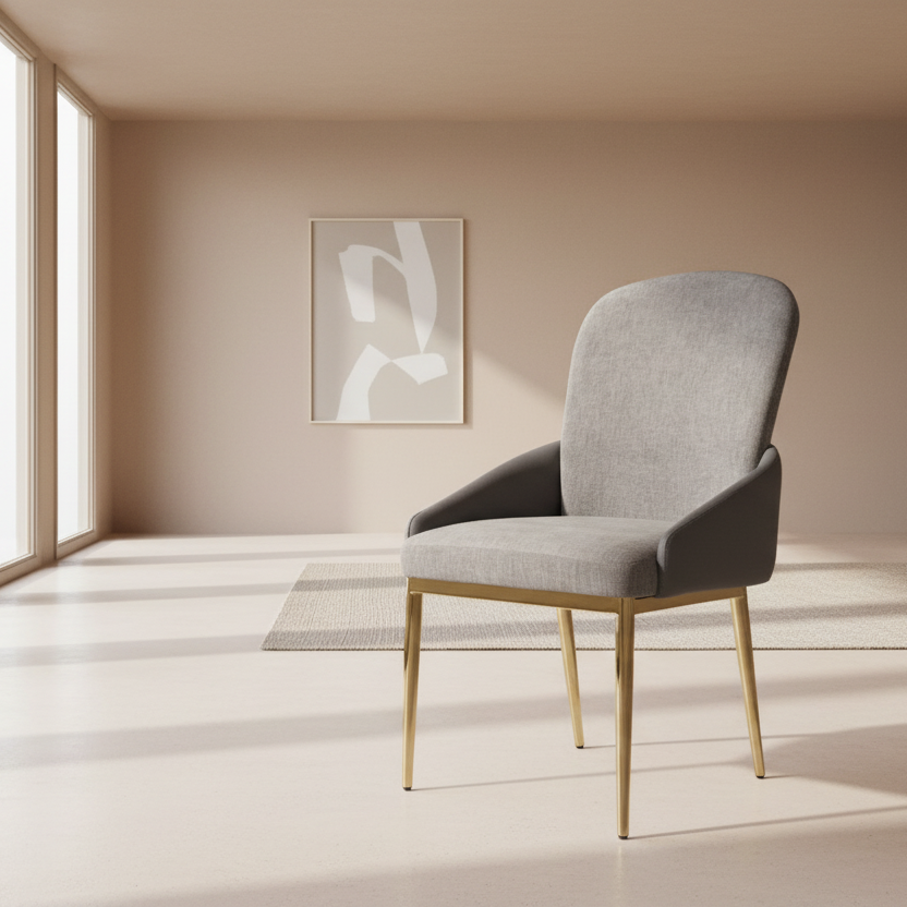 Berylia – Set of 2 – Grey fabric & PU dining chair – gold legs