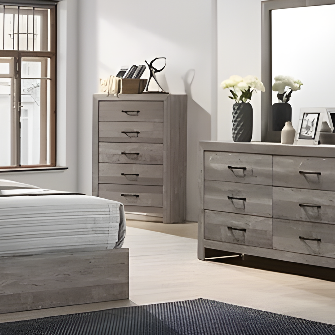 Commode Oakshore à 6 tiroirs avec miroir – Gris lambris