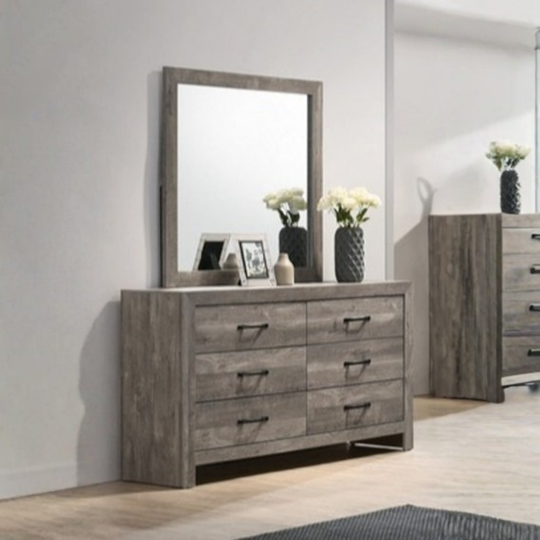 Commode Oakshore à 6 tiroirs avec miroir – Gris lambris
