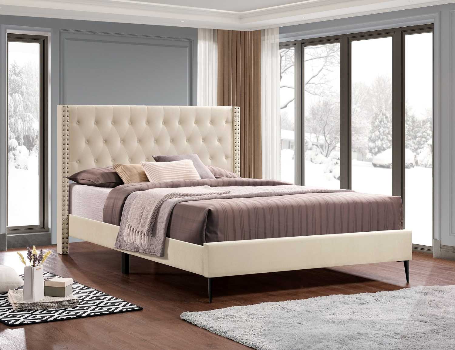 Creme Velvet Fabric Platform Bed 5592