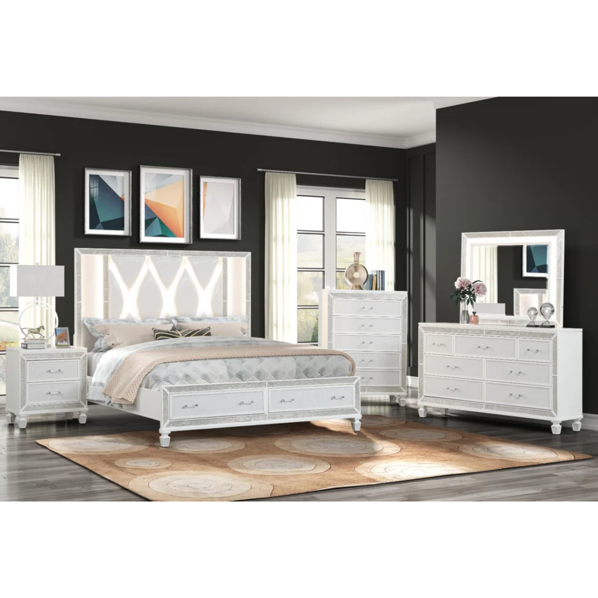 Queen Bedroom Set – Crystal White Glam