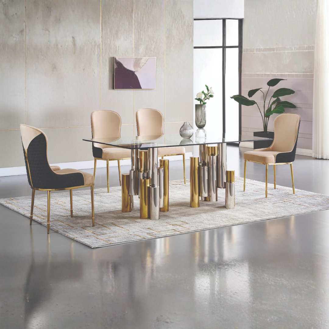 Elara – Ensemble de salle à manger – Plateau en verre / Or et chrome / Revêtement noir