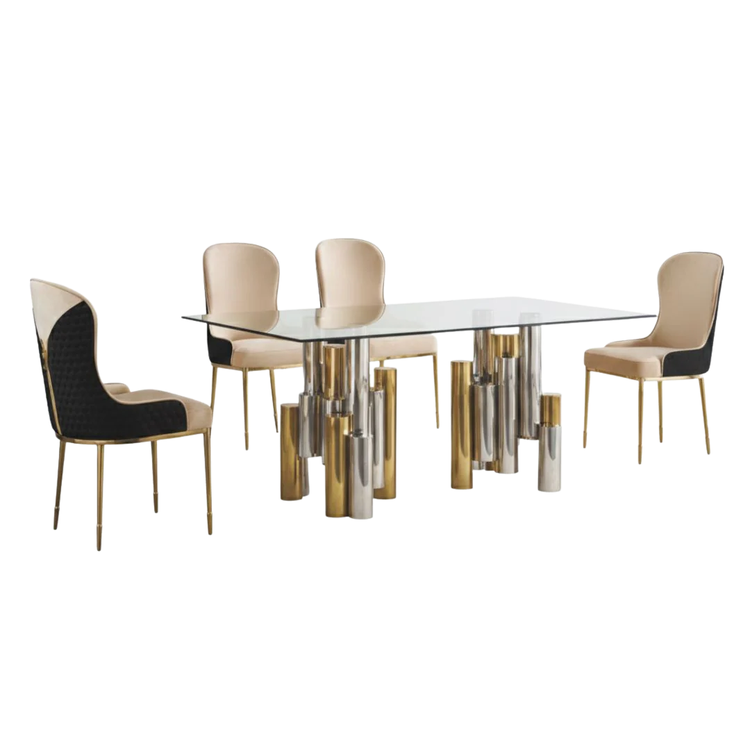 Elara – Ensemble de salle à manger – Plateau en verre / Or et chrome / Revêtement noir