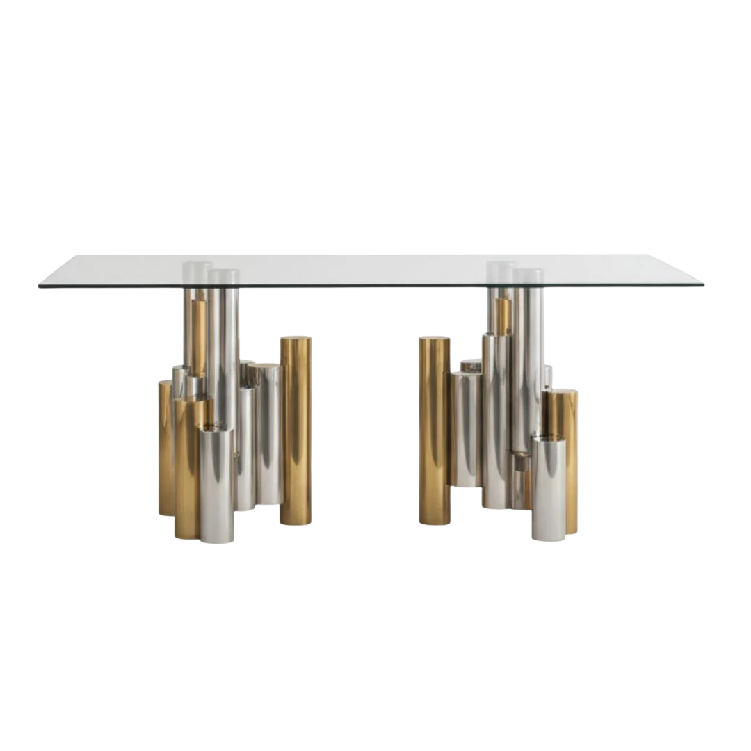 Elara – Ensemble de salle à manger – Plateau en verre / Or et chrome / Revêtement noir