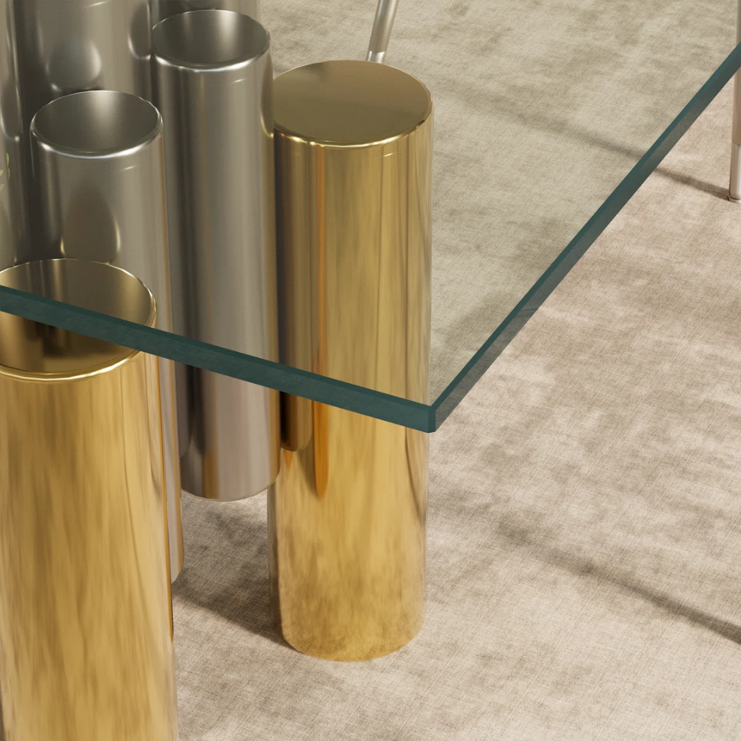 Elara – Ensemble de salle à manger – Plateau en verre / Or et chrome / Revêtement noir