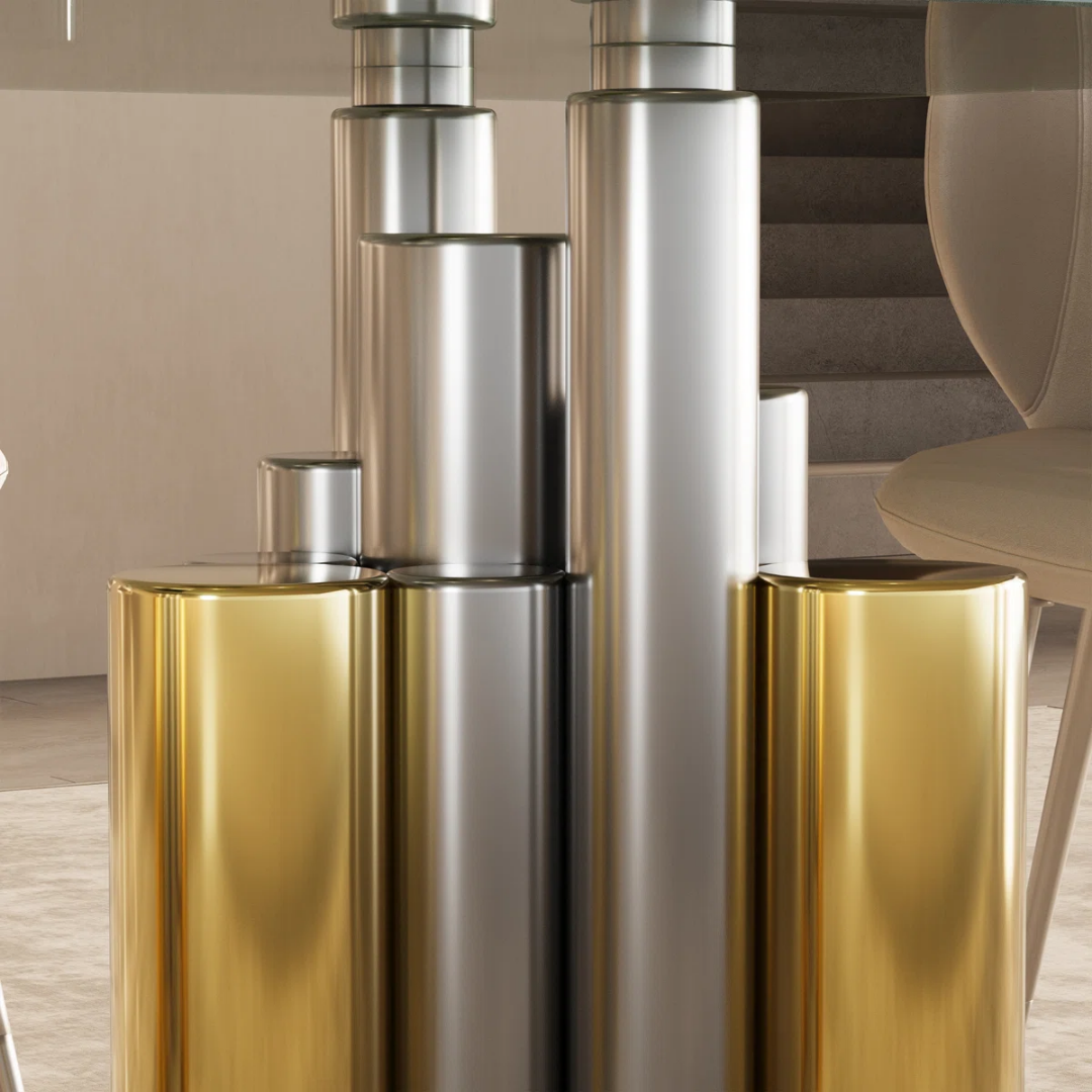 Elara – Ensemble de salle à manger – Plateau en verre / Or et chrome / Revêtement noir