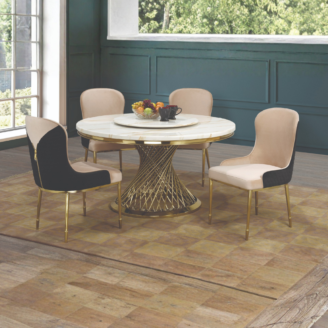 Avira – Ensemble de salle à manger – Plateau en marbre / Piètement doré / Revêtement noir