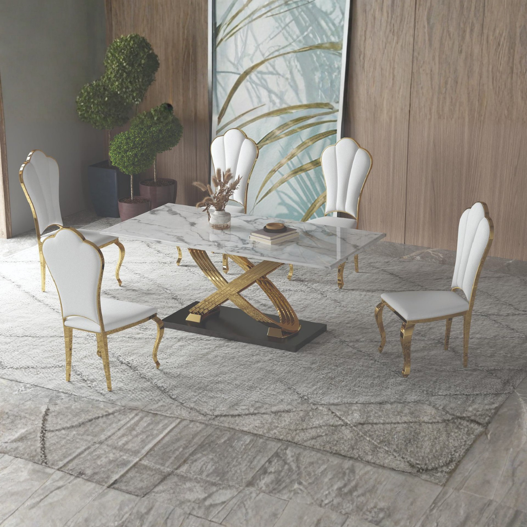 Solissa – Ensemble de salle à manger – Plateau en marbre / Piètement doré / Cuir blanc