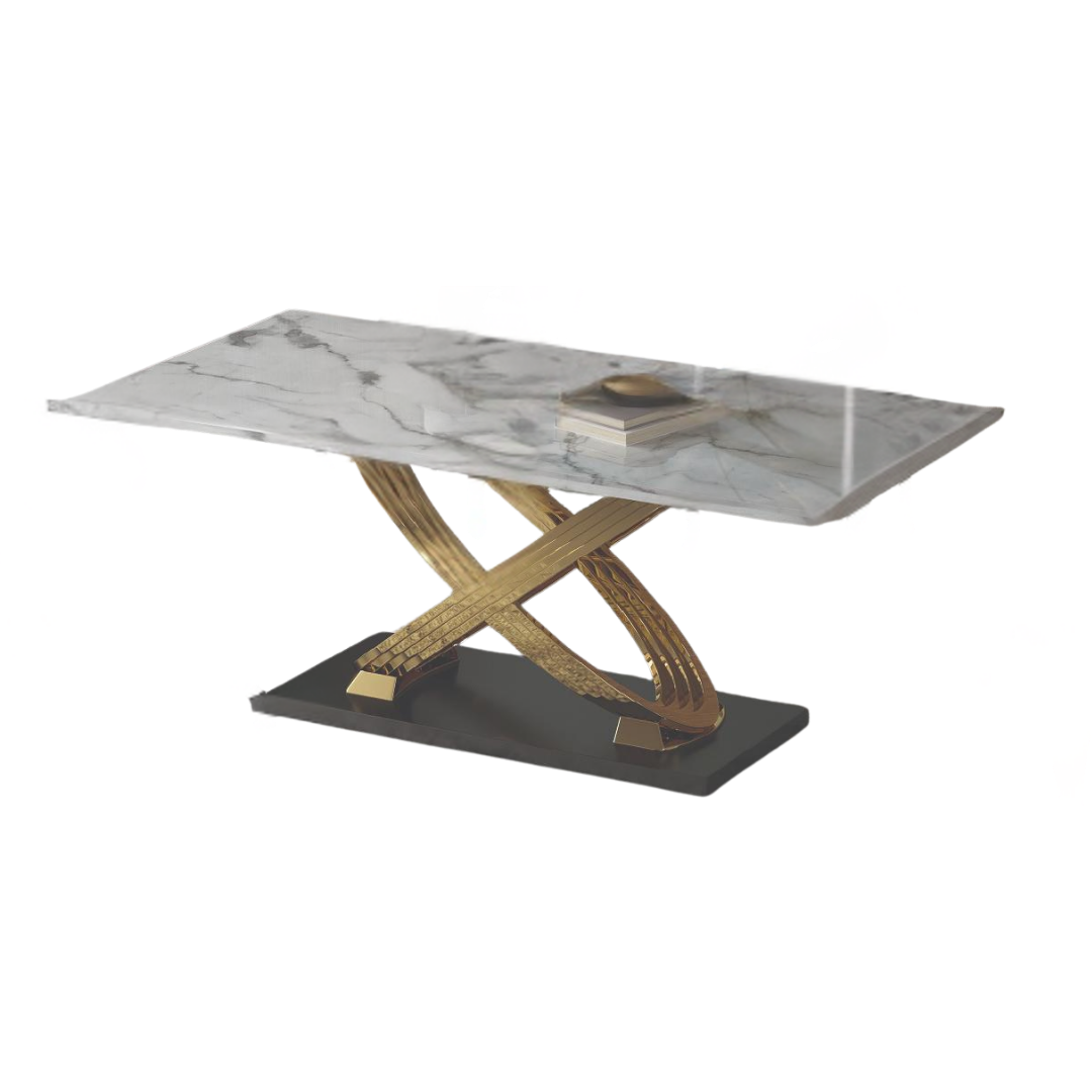 Solissa – Ensemble de salle à manger – Plateau en marbre / Piètement doré / Cuir blanc