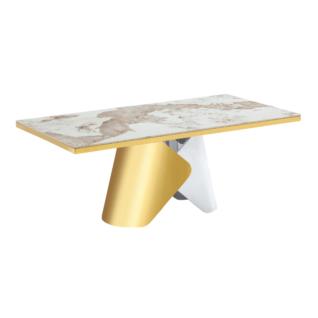 Livoria – Ensemble de salle à manger en céramique effet marbre – Pieds dorés et chromés