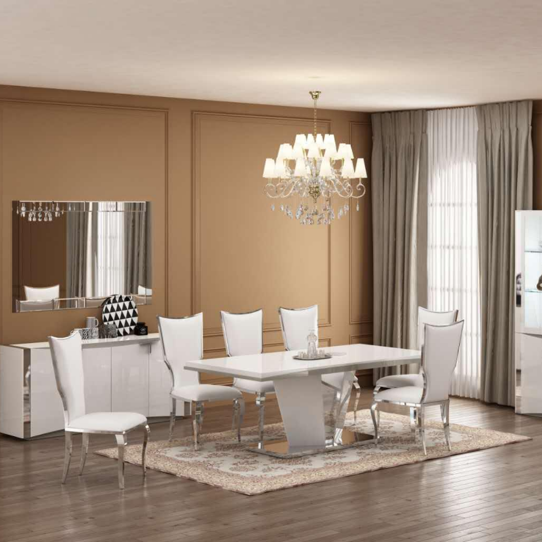 Ensemble de salle à manger Domuss – Finition laquée brillante – Piètement chromé