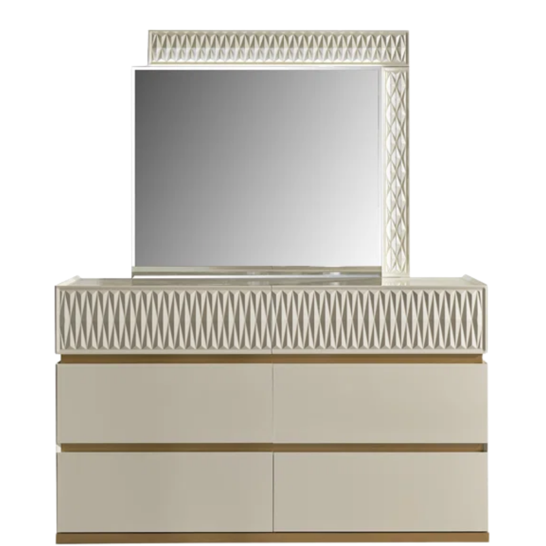 Ensemble chambre à coucher queen Delvario 6 pièces blanc cassé accents dorés avec tête de lit LED – Montréal