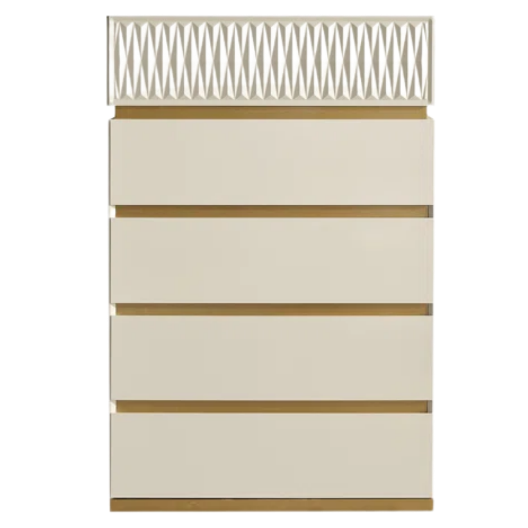 Ensemble chambre à coucher queen Delvario 6 pièces blanc cassé accents dorés avec tête de lit LED – Montréal